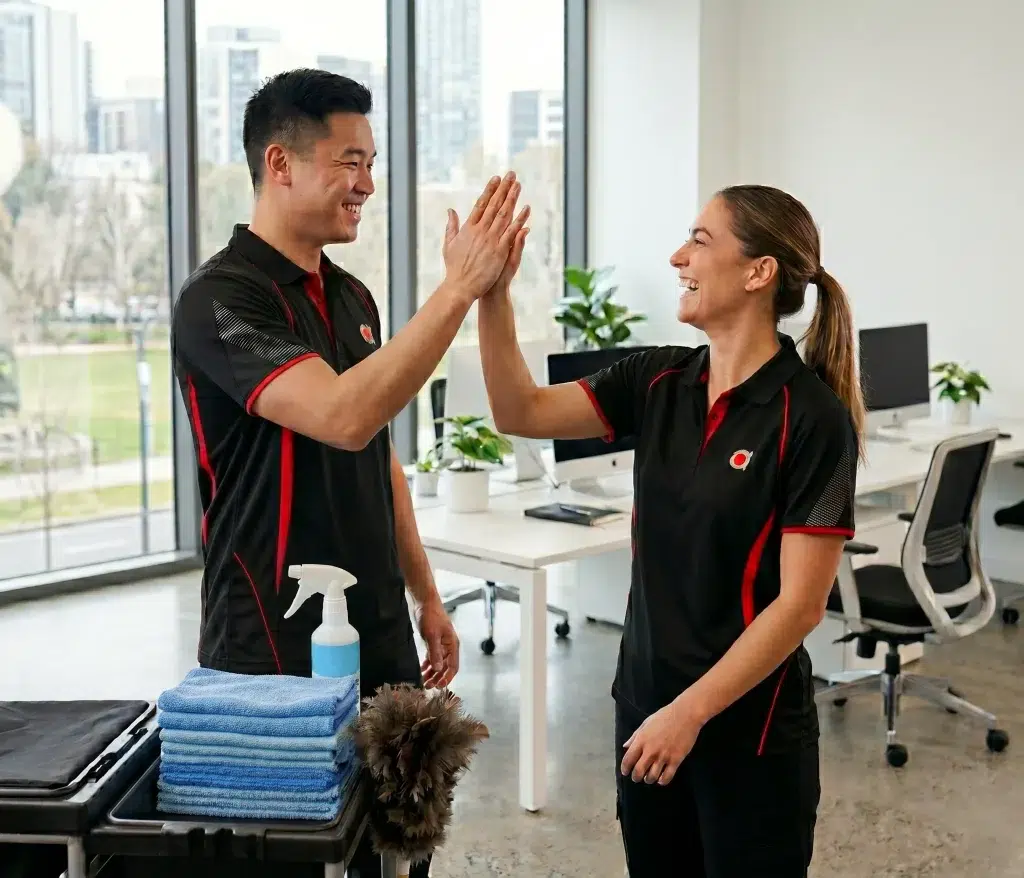Two cleaners in uniform high-fiving beside a cleaning trolley in a bright office