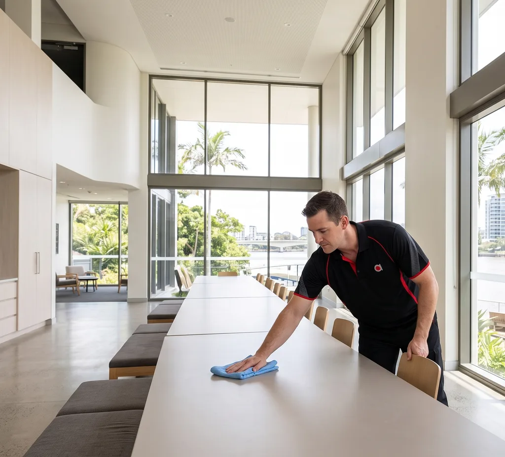 Commercial cleaner wiping a table in a riverside Brisbane office with the city skyline through the windows