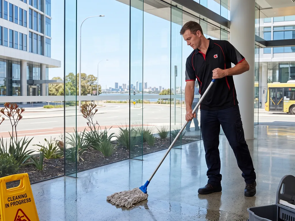 Commercial cleaner mopping hallway